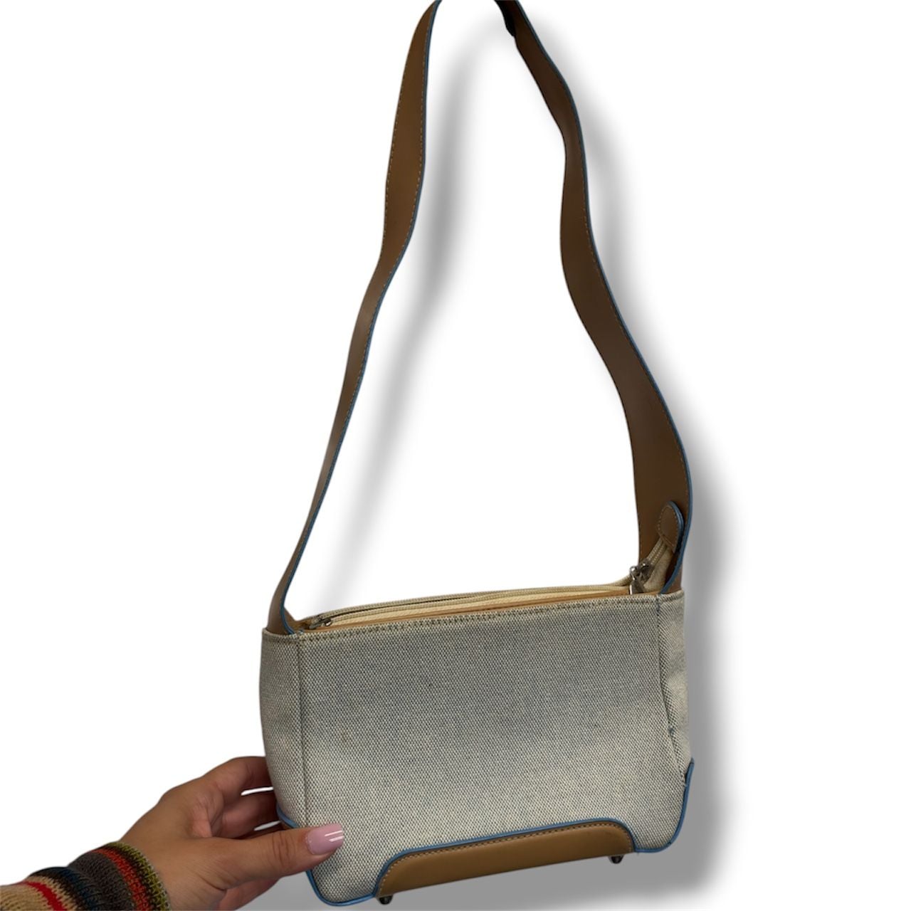 Vintage Canvas Leather Shoulder Bag Tan Blue Trim 8