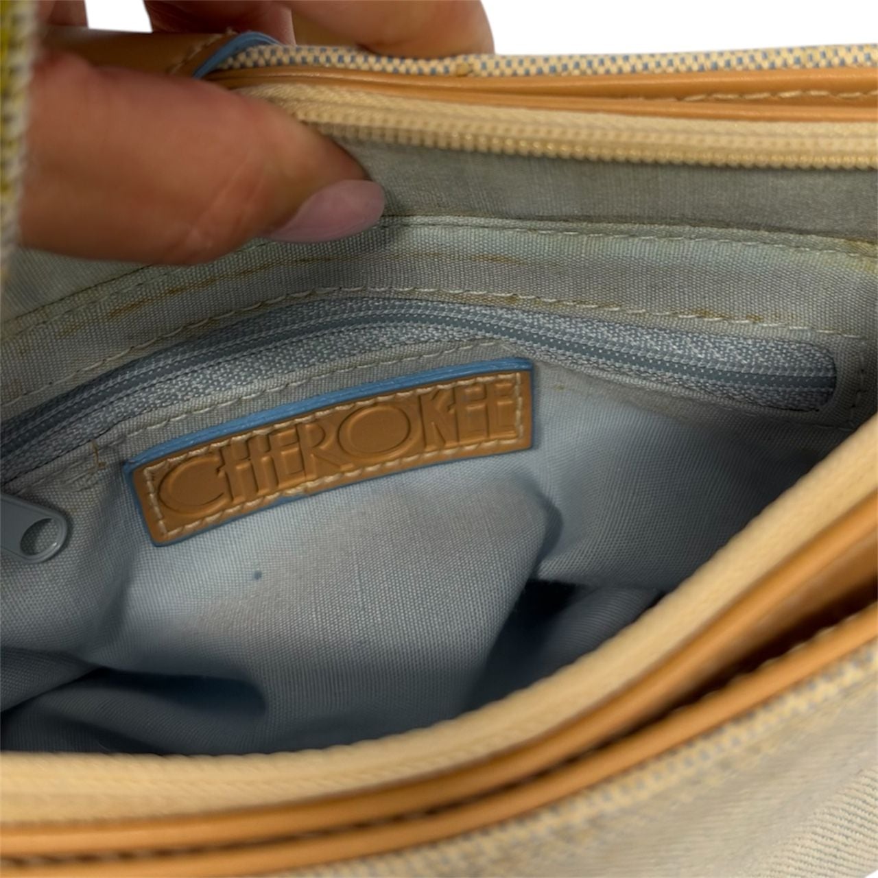 Vintage Canvas Leather Shoulder Bag Tan Blue Trim 10