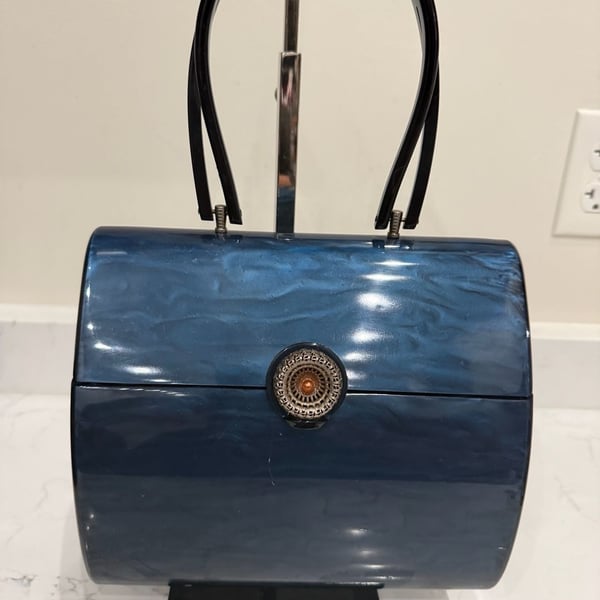 Vintage 1950s Wilardy Lucite Box Purse Marbled Blue Handbag