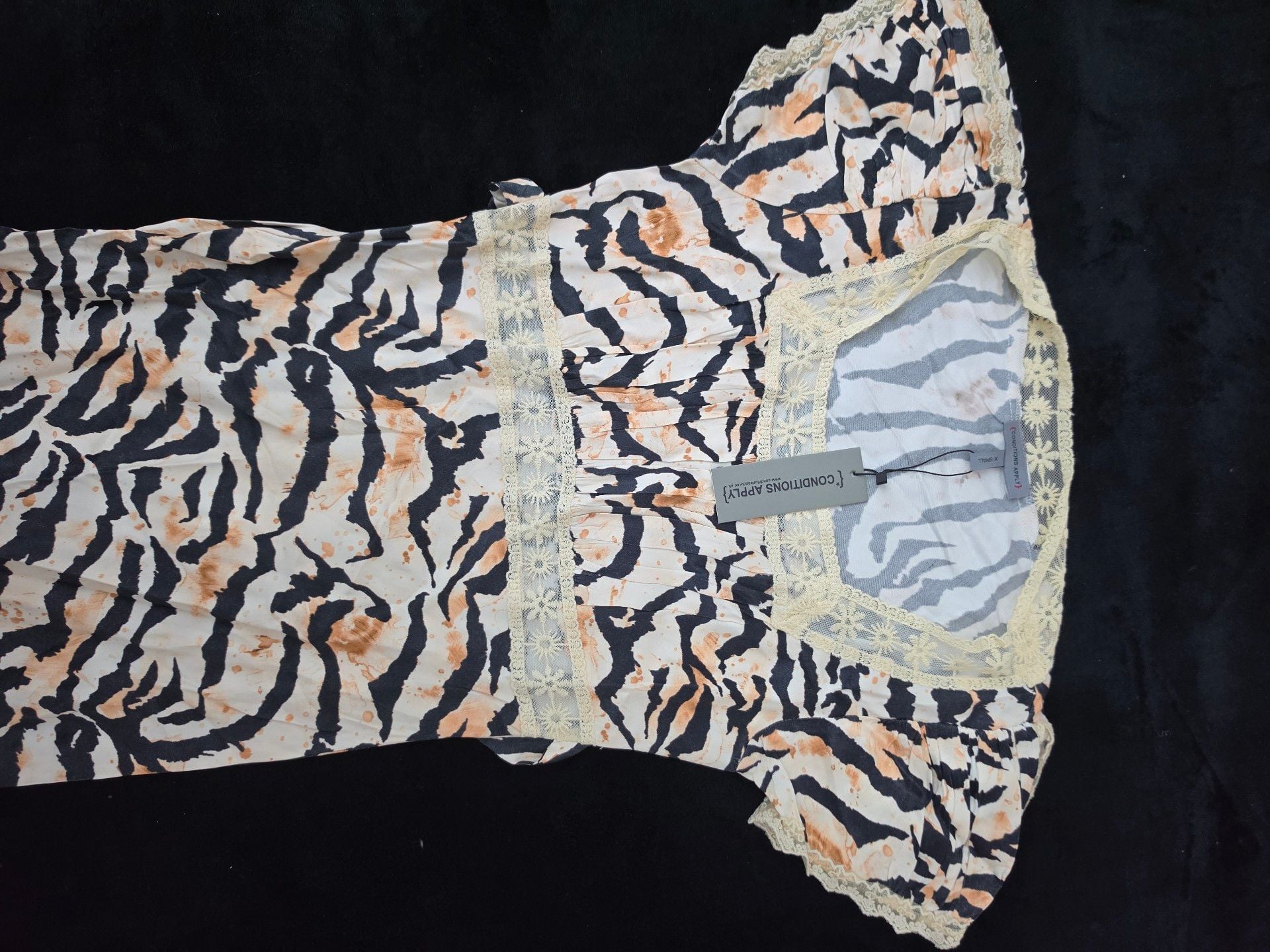 Conditions Apply Animal Print Satin Dress with Lace Trim and Short Sleeves 8