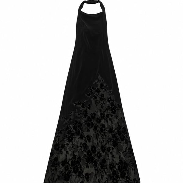 Vintage Niki By Niki Livas Black Velvet Floral Applique Maxi Dress Size 1