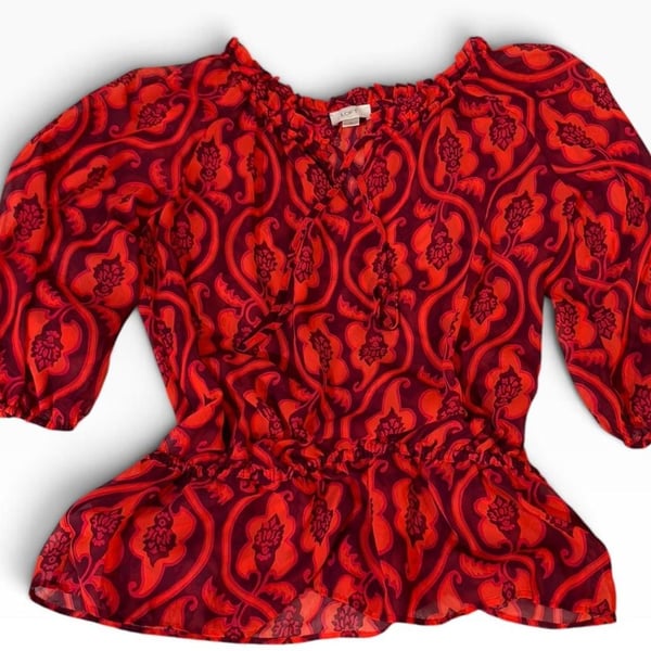 Loft Blouse Size M Fall Red Floral Print Peplum Chiffon
