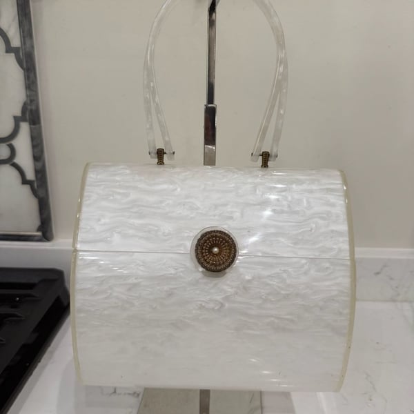 Wilardy Vintage 1950s White Marbleized Lucite Box Purse Top Handle