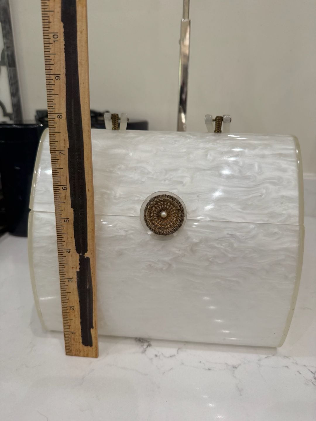 Wilardy Vintage 1950s White Marbleized Lucite Box Purse Top Handle 12