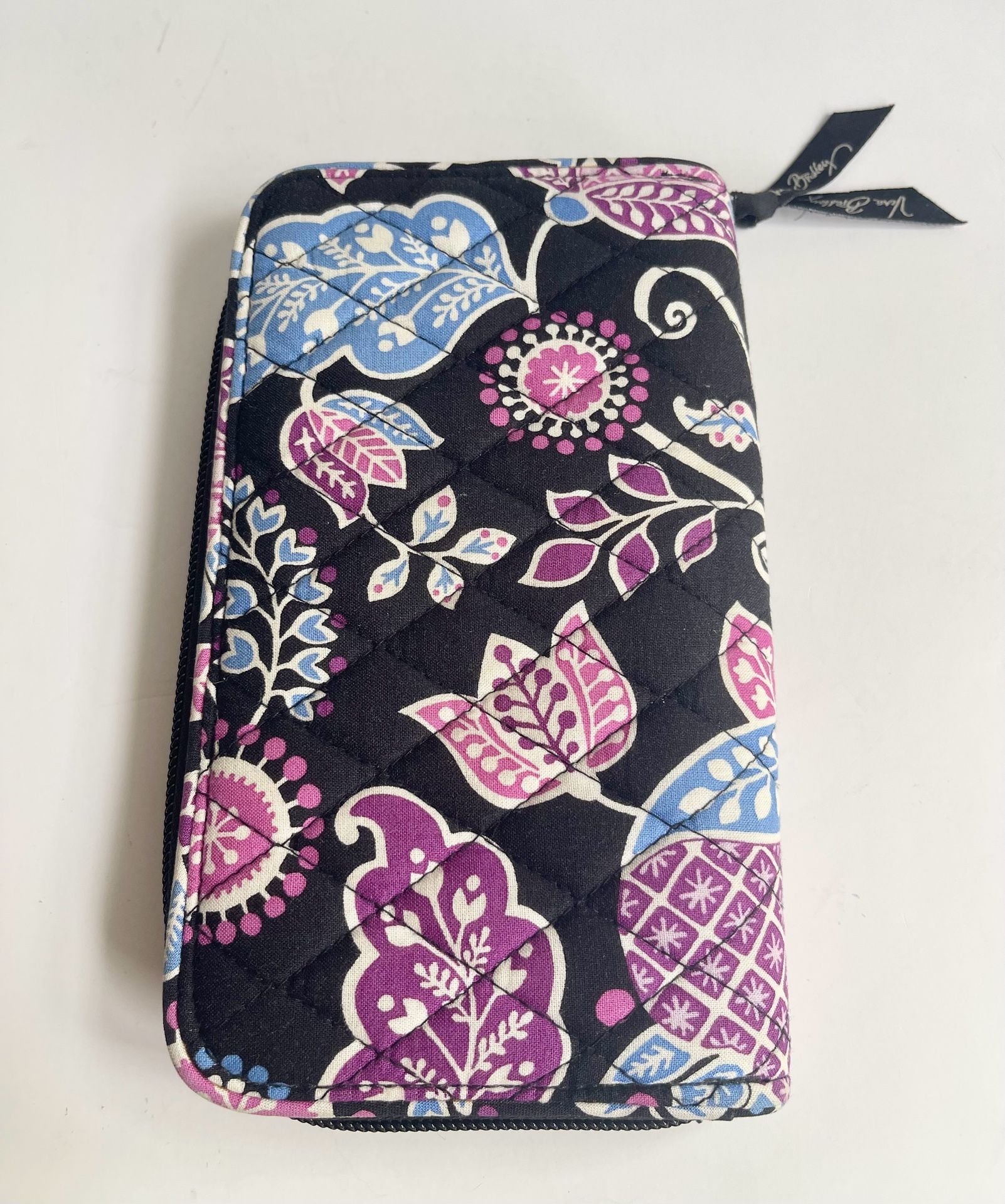 Vera Bradley Alpine Floral Zip Around Wallet Black Pink Blue Floral Quilted 3