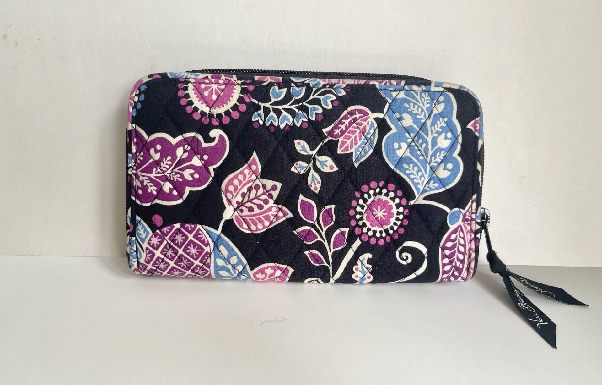 Vera Bradley Alpine Floral Zip Around Wallet Black Pink Blue Floral Quilted 2