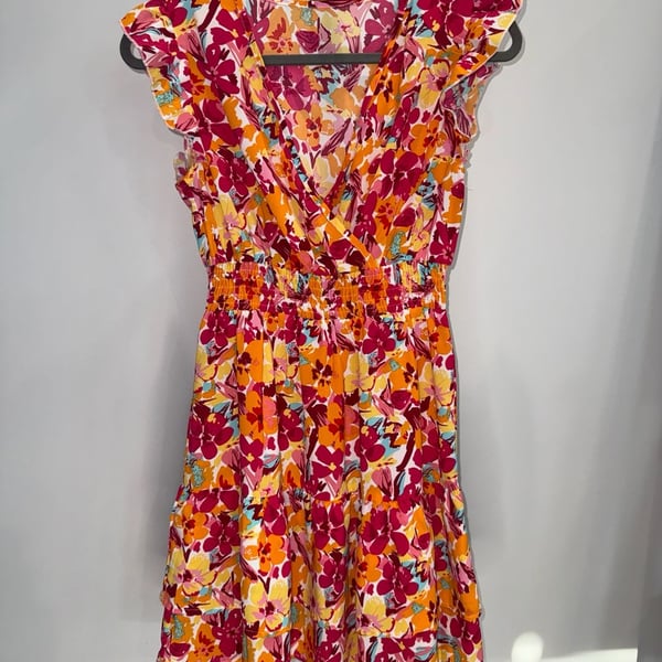 Unbranded Floral Print Ruffle Sleeve Mini Dress XS Pink Orange Yellow Polyester