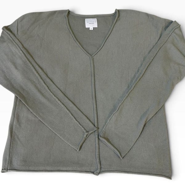 Allfenix V-Neck Sweater Size M Sage Green Knit Long Sleeve Lambs Wool Blend