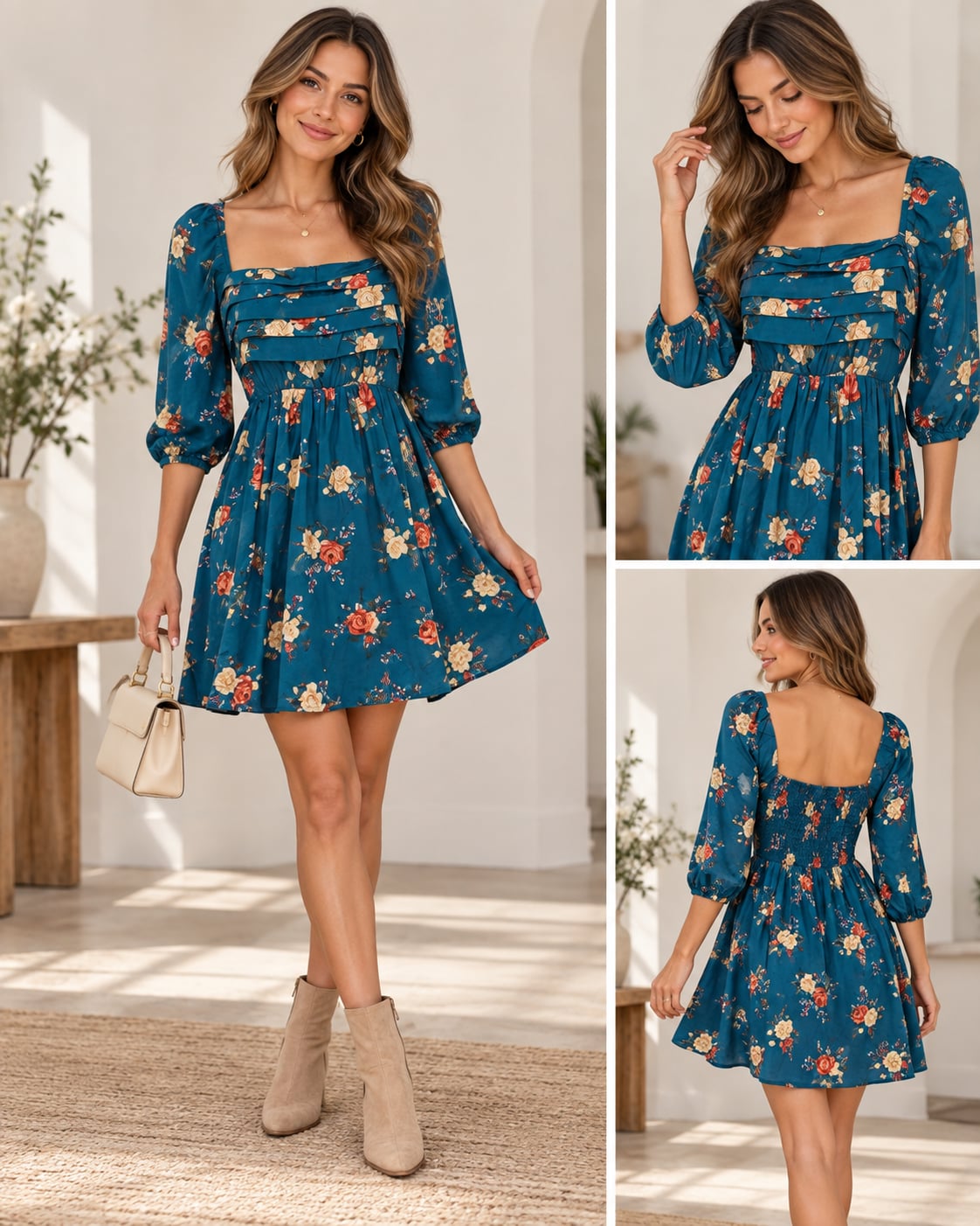 AS U WISH Blue Floral Smocked Square Neck Mini Dress Size L 2
