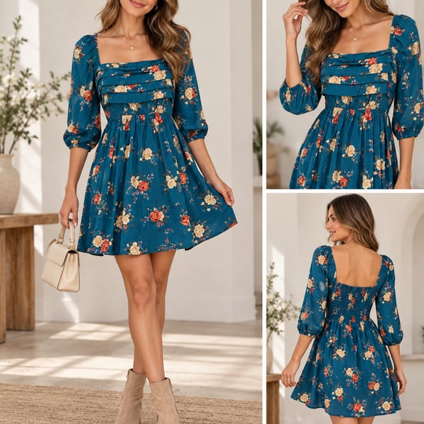 AS U WISH Blue Floral Smocked Square Neck Mini Dress Size L