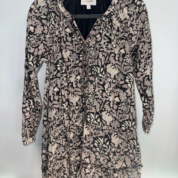 Cleobella Betz Mini Dress Size S Black Floral Print Long Sleeve Tiered Ruffle