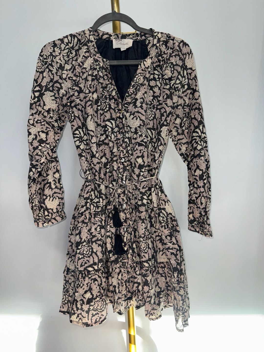Cleobella Mylah Mini Dress Size XS Black Floral Print Long Sleeve Belted 2
