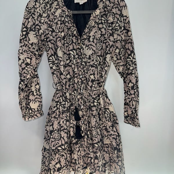 Cleobella Mylah Mini Dress Size XS Black Floral Print Long Sleeve Belted