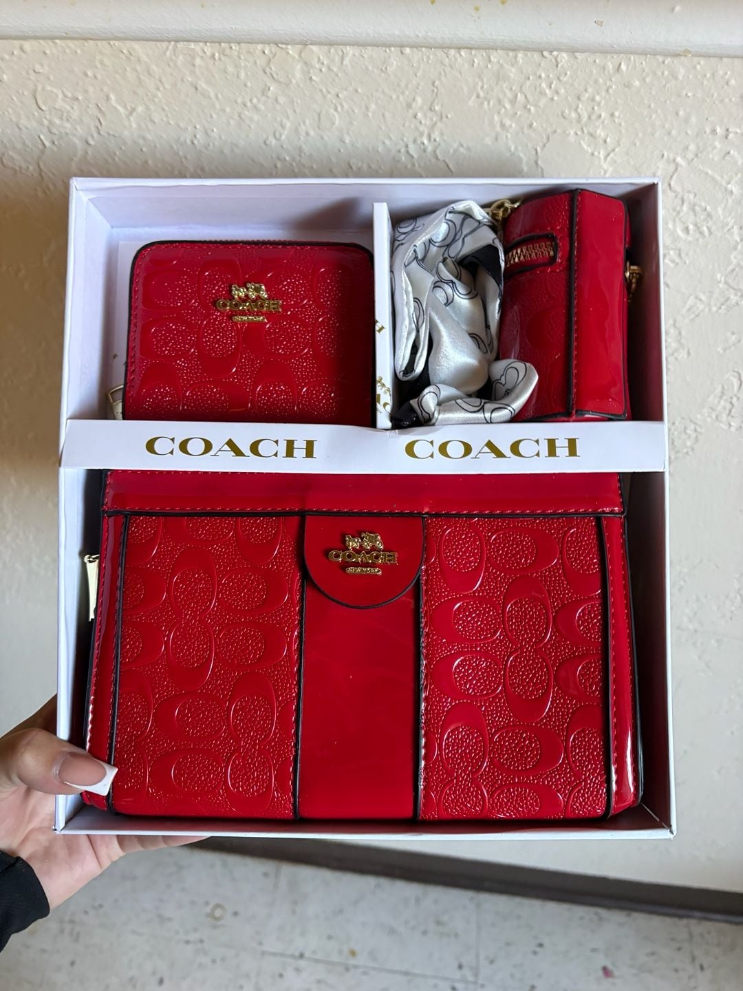 Coach Signature Leather Corner Zip Wallet Set Red 1