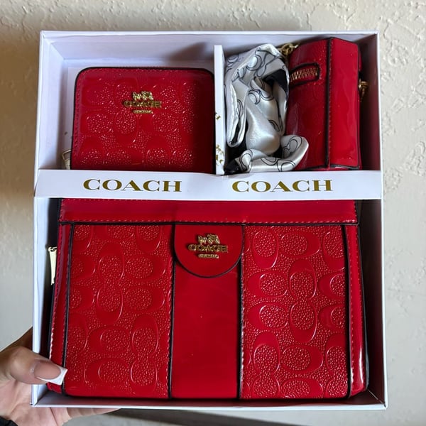 Coach Signature Leather Corner Zip Wallet Set Red
