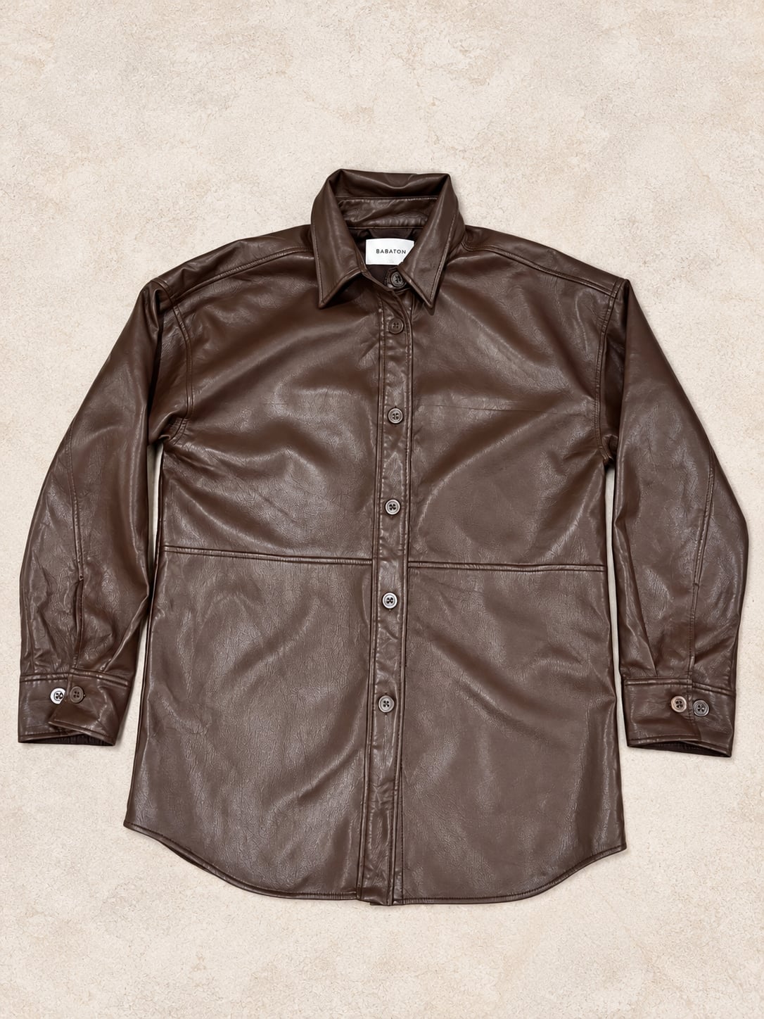 Babaton Aritzia Brown Faux Leather Button Up Shacket Jacket Size S 3