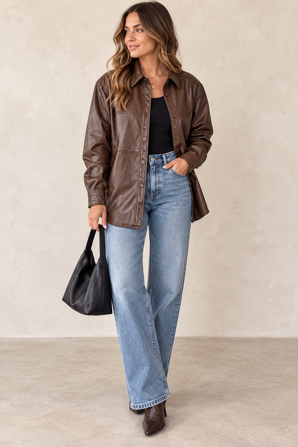 Babaton Aritzia Brown Faux Leather Button Up Shacket Jacket Size S 2