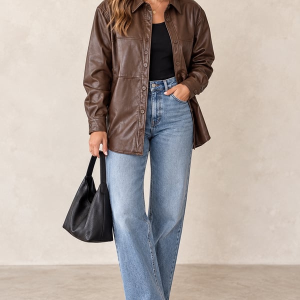 Babaton Aritzia Brown Faux Leather Button Up Shacket Jacket Size S