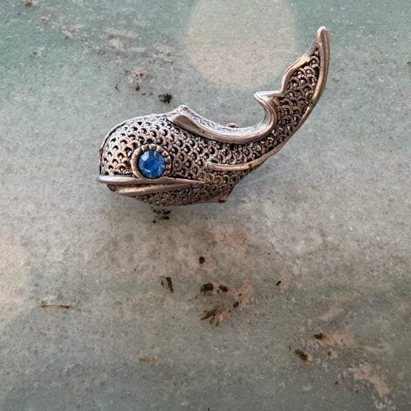 Vintage Pewter Whale Brooch With Blue Rhinestone Eye