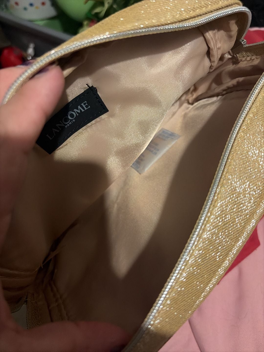 Lancome Paris Makeup Bag Pouch Gold Rose Flower Accent Cosmetic Case 2