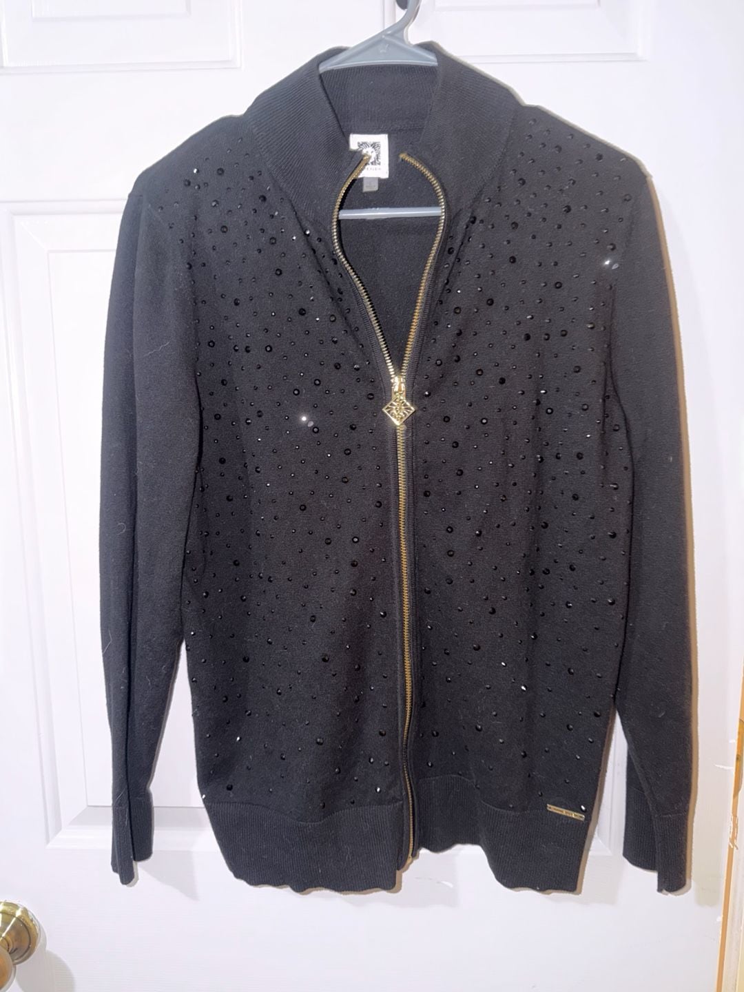 Anne Klein Full Zip Sweater Size L Black Rhinestone 2