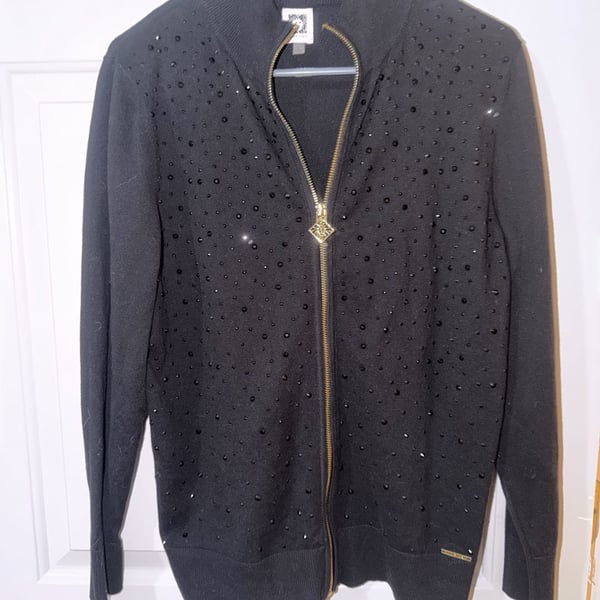 Anne Klein Full Zip Sweater Size L Black Rhinestone