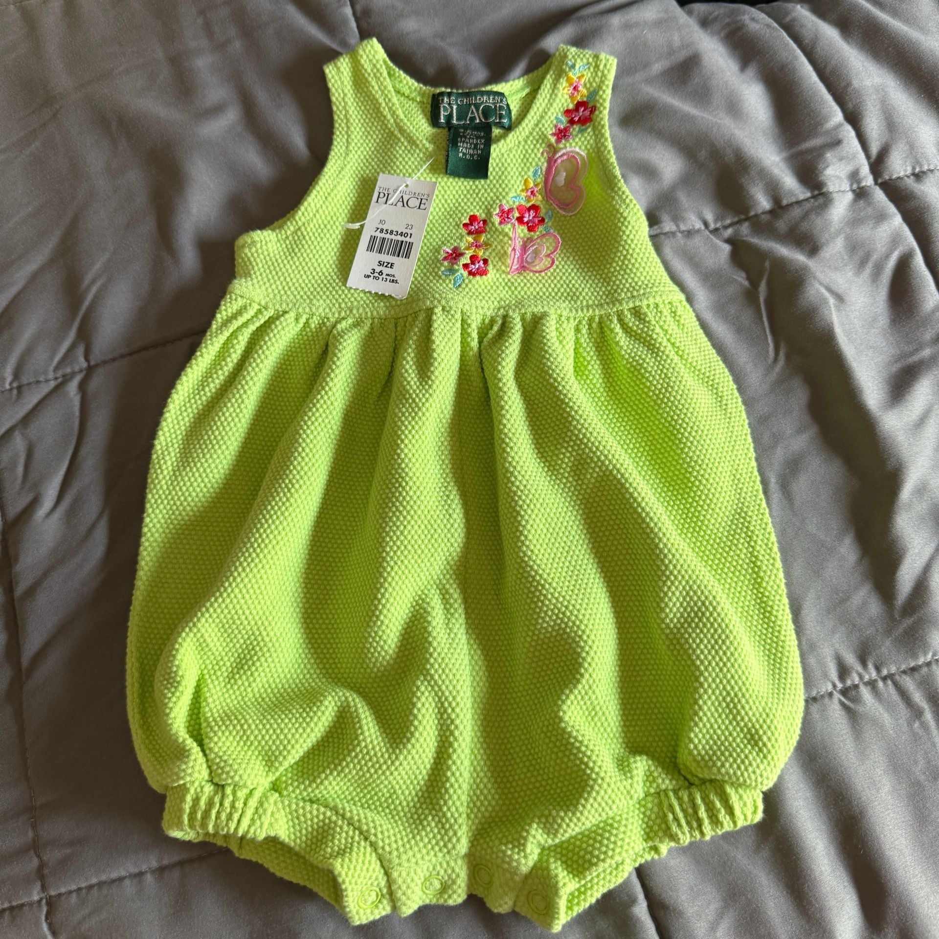 The Children's Place Neon Green Waffle Knit Romper with Butterfly Embroidery 2