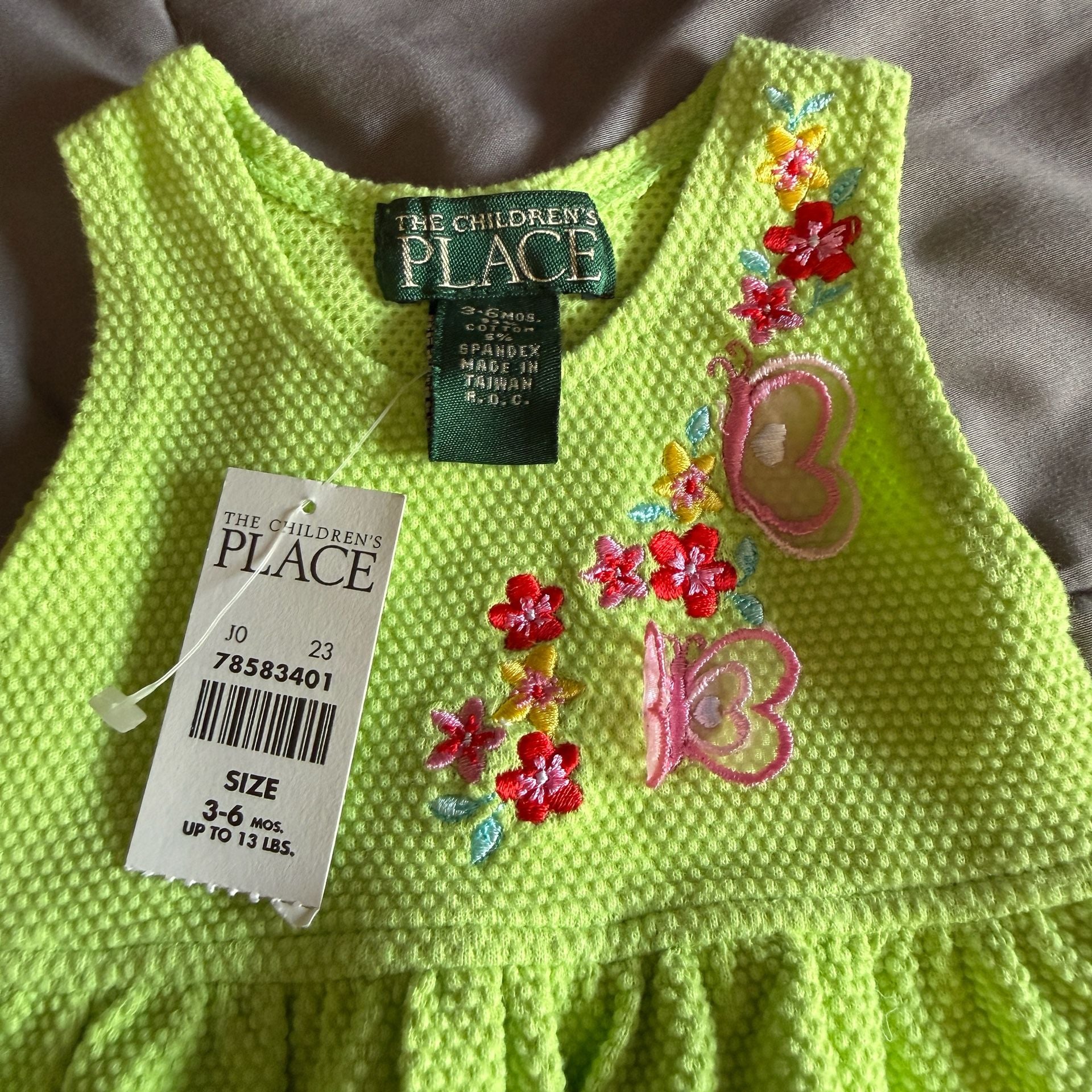 The Children's Place Neon Green Waffle Knit Romper with Butterfly Embroidery 3