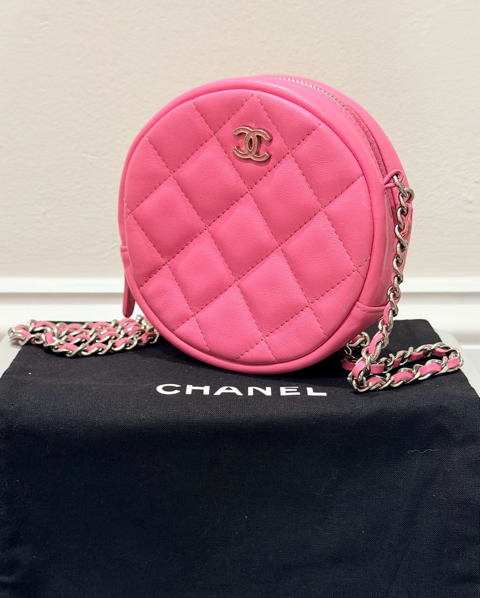 Chanel Pink Quilted Leather Round Flap Bag with Chain Strap 10