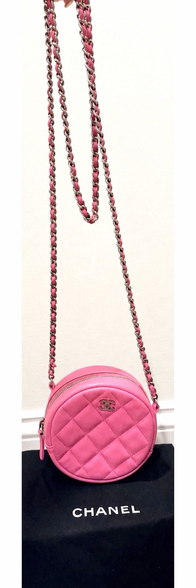 Chanel Pink Quilted Leather Round Flap Bag with Chain Strap 12