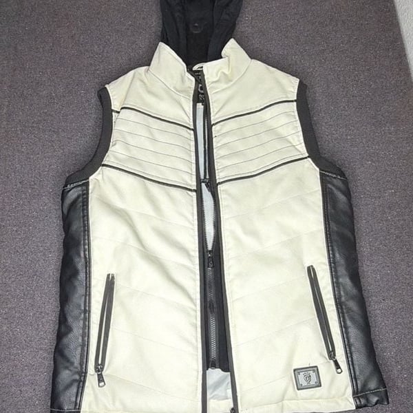 Fried Denim Faux Leather Hooded Vest Size M White Black