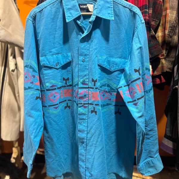 Vintage 90s Wrangler Shirt Mens 16/34 Blue Canvas Brushpopper Aztec Western