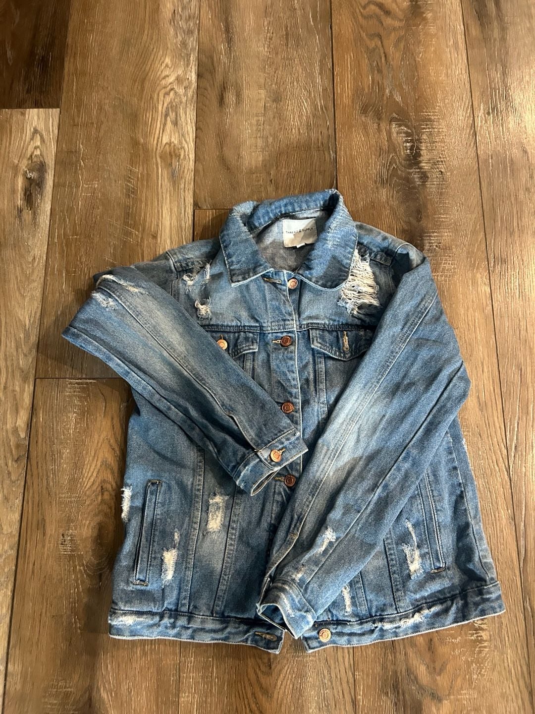 Thread & Supply Distressed Denim Jacket Size L Blue Jean Trucker Jacket 2