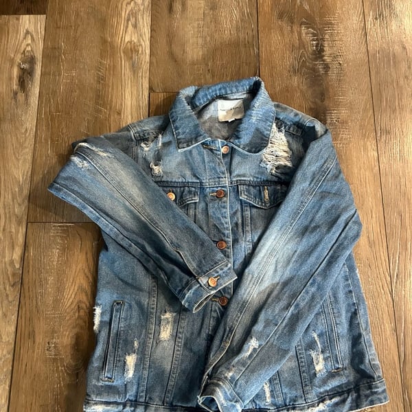 Thread & Supply Distressed Denim Jacket Size L Blue Jean Trucker Jacket