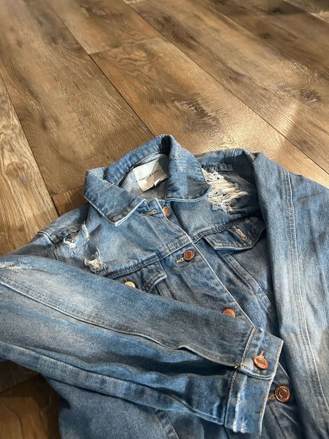 Thread & Supply Distressed Denim Jacket Size L Blue Jean Trucker Jacket 3