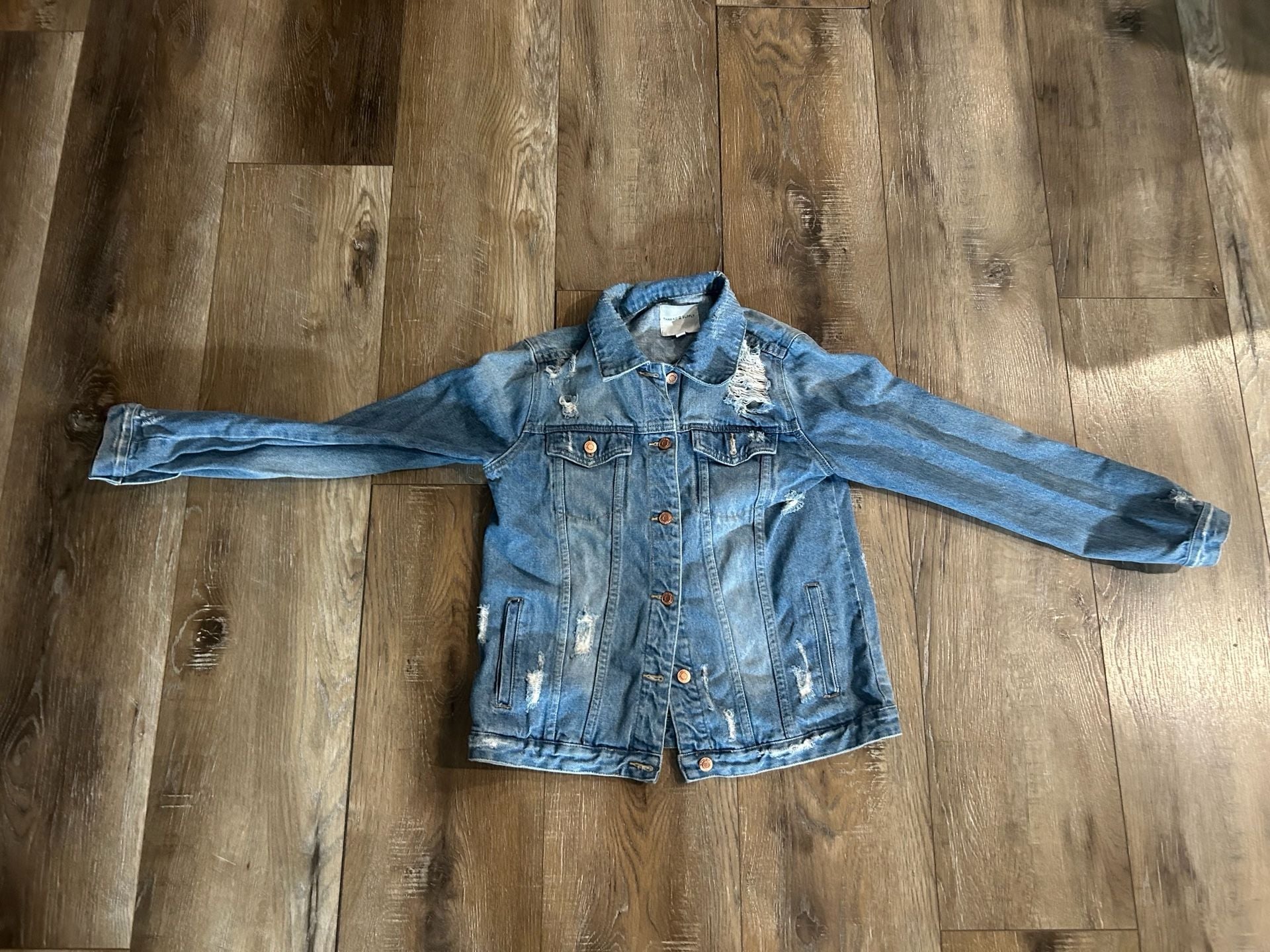 Thread & Supply Distressed Denim Jacket Size L Blue Jean Trucker Jacket 4