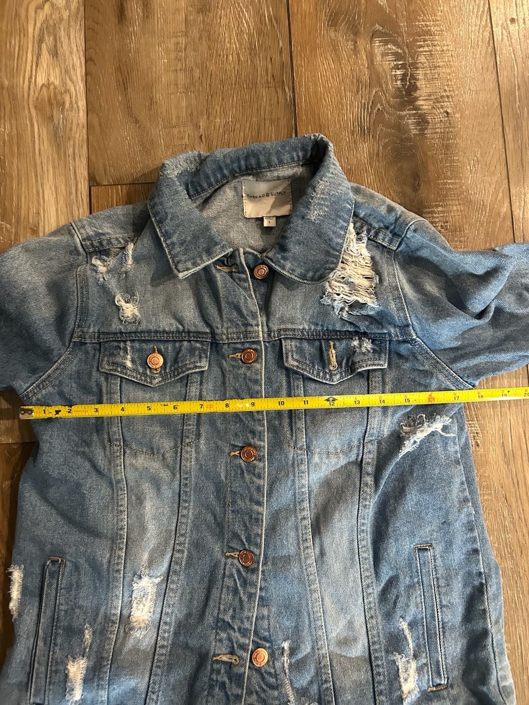 Thread & Supply Distressed Denim Jacket Size L Blue Jean Trucker Jacket 6