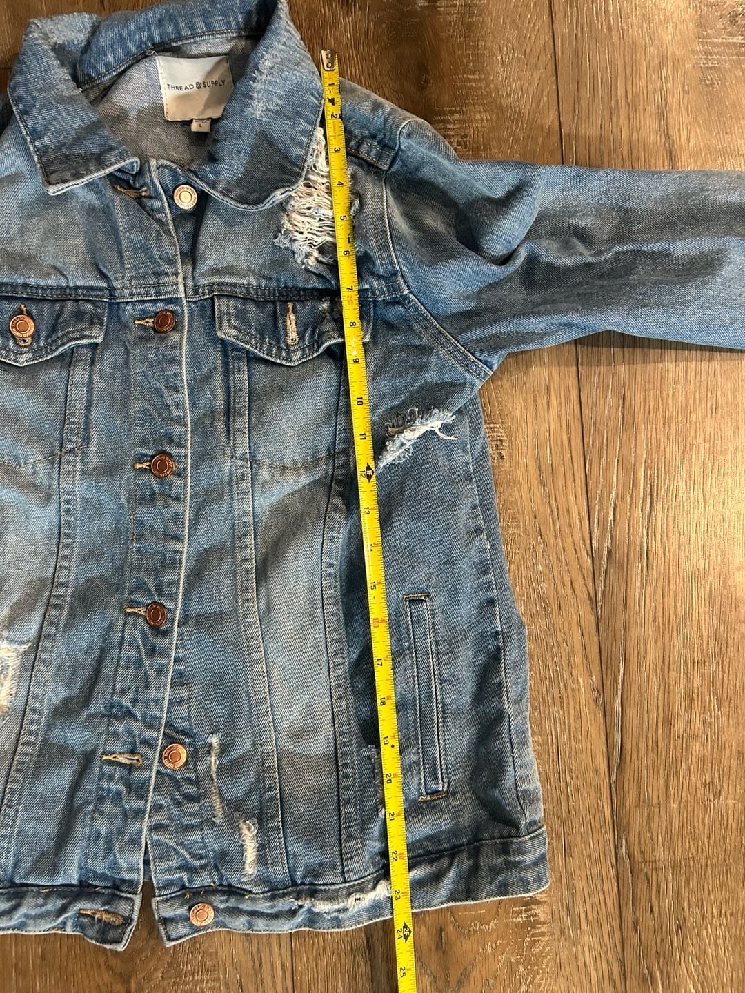 Thread & Supply Distressed Denim Jacket Size L Blue Jean Trucker Jacket 7