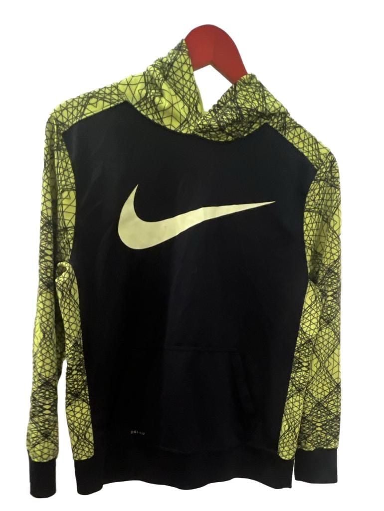 Nike Dri-Fit Child’s Hoodie Size XL Black Volt Yellow Geometric Graphic Pullover 2