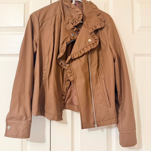 Pink Platinum Moto Jacket Size M Brown Faux Leather Ruffle