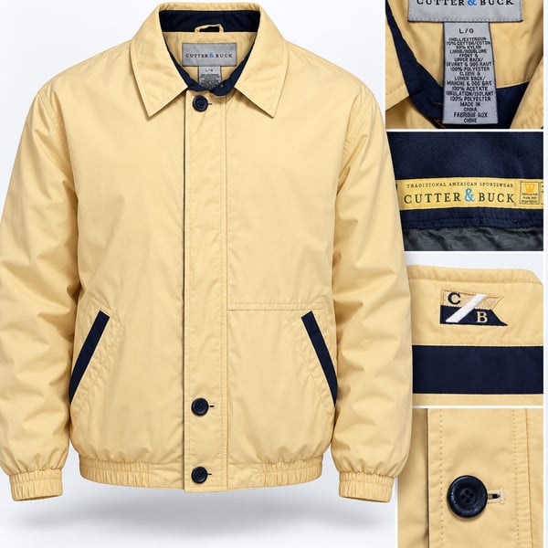 Vintage Cutter & Buck Jacket Mens L Yellow Navy Fleece Lined Bomber Golf Coat