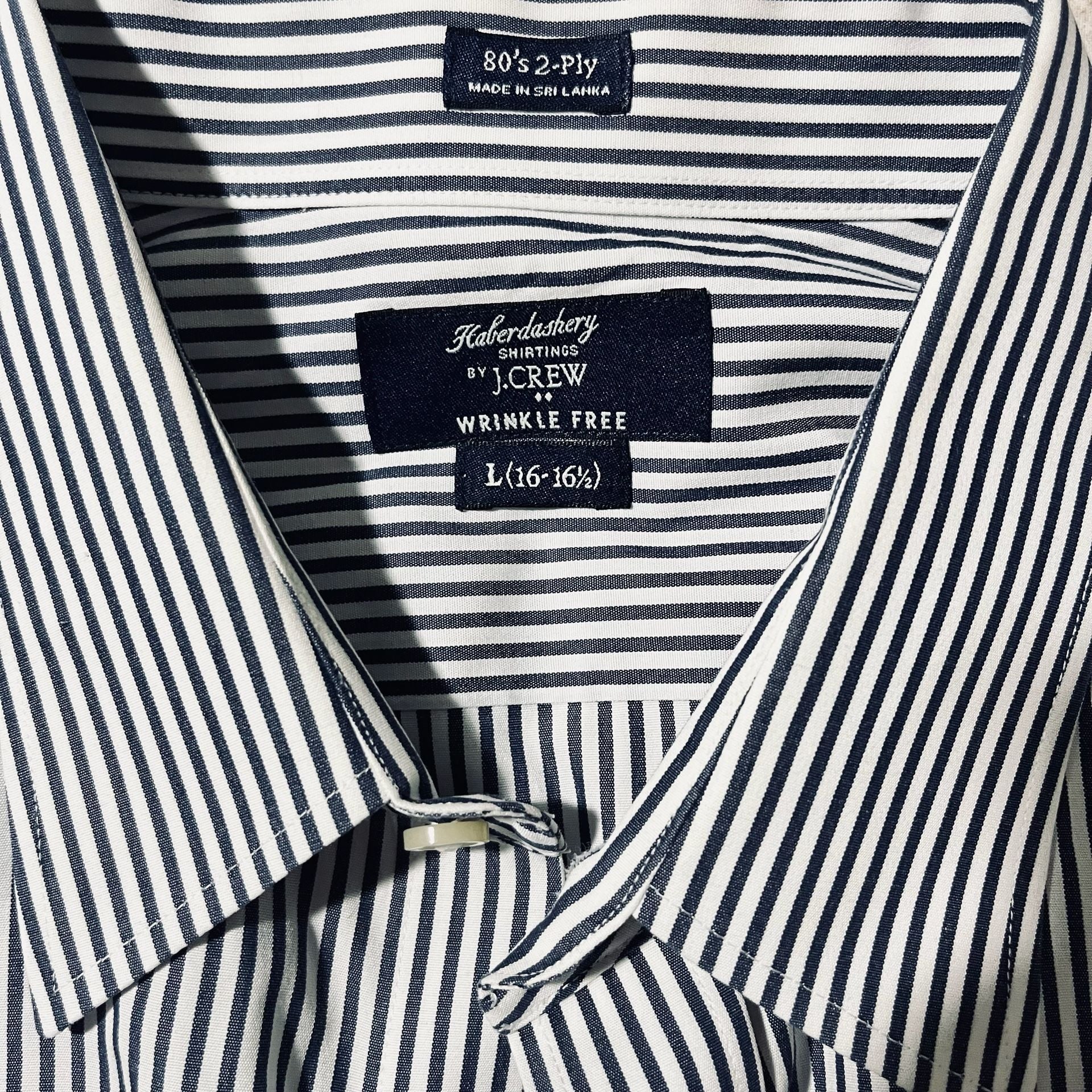 J.Crew Haberdashery Dress Shirt Size L 16-16.5 Blue White Stripe Wrinkle Free 2