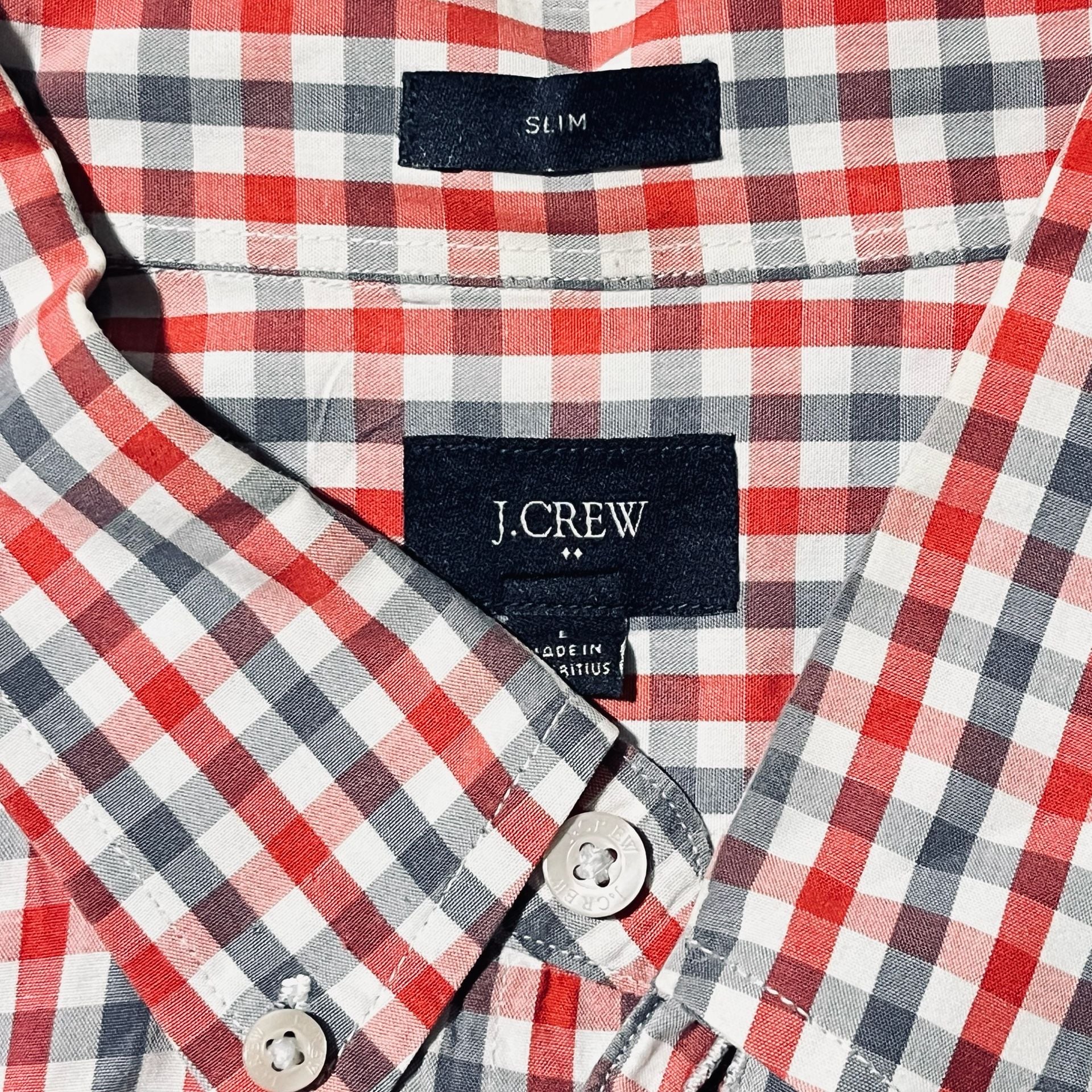 J. Crew Slim Fit Gingham Button Down Shirt Size L Red Navy Plaid 2