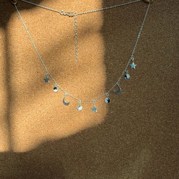 Sterling Silver Moon and Star Charm Necklace with White Buffalo