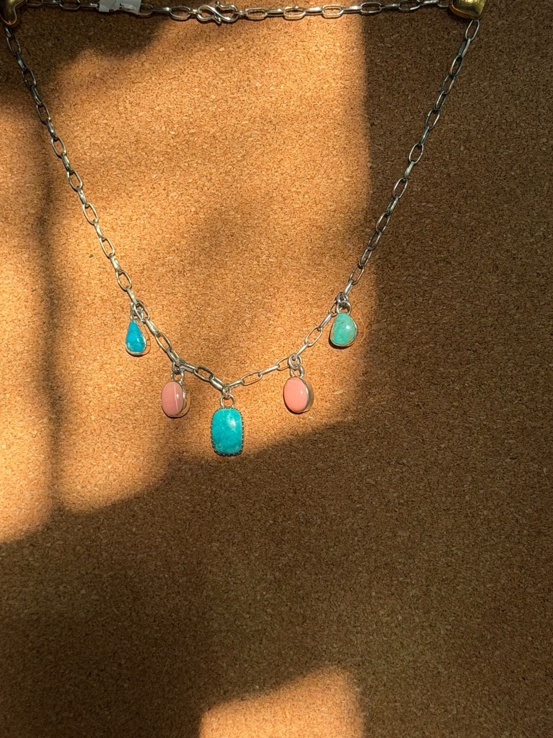 925 Sterling Silver Turquoise and Pink Conch Dangle Charm Necklace with Chain 2