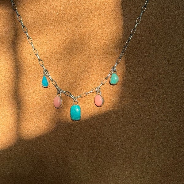 925 Sterling Silver Turquoise and Pink Conch Dangle Charm Necklace with Chain