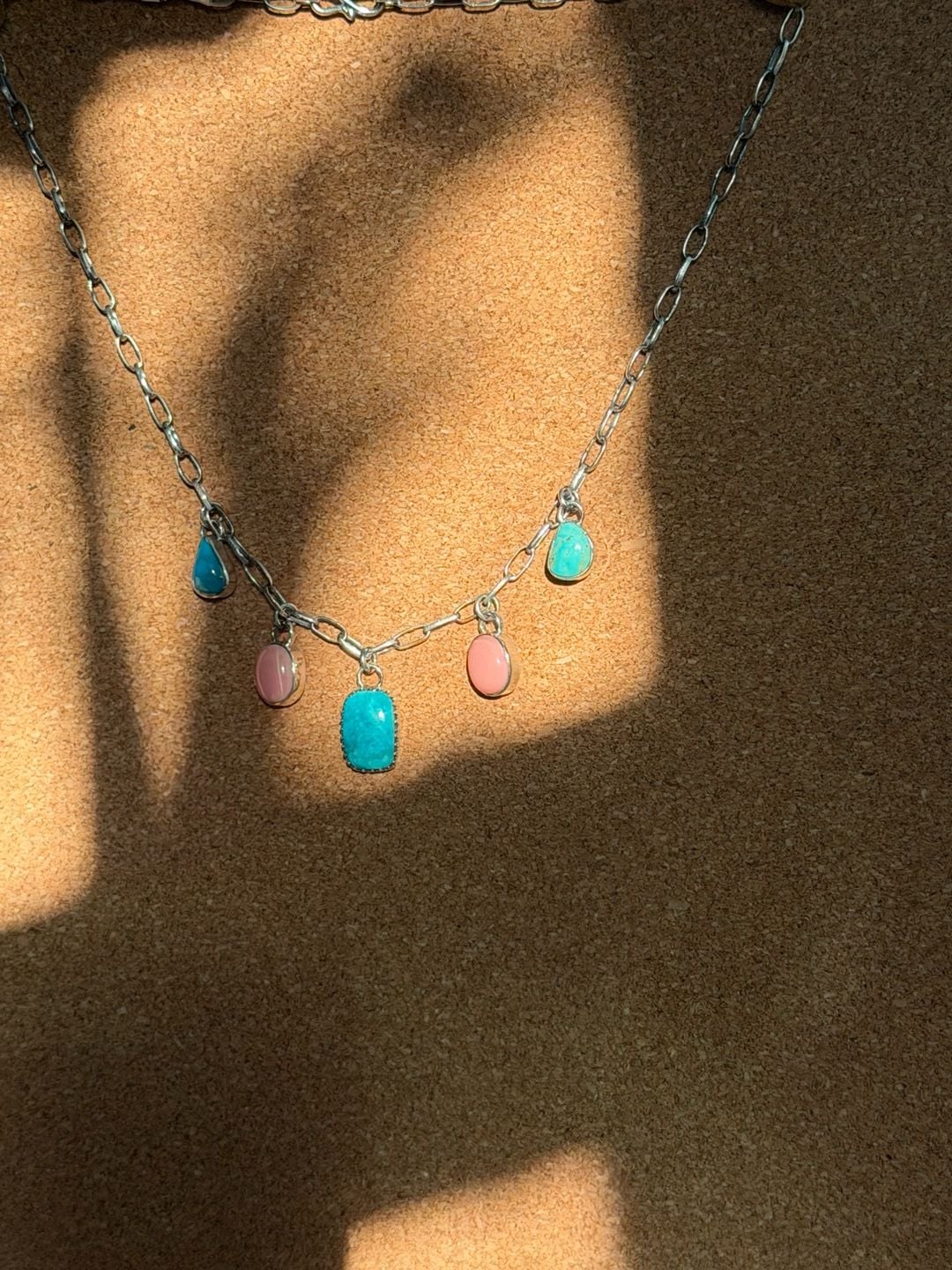 925 Sterling Silver Turquoise and Pink Conch Dangle Charm Necklace with Chain 3