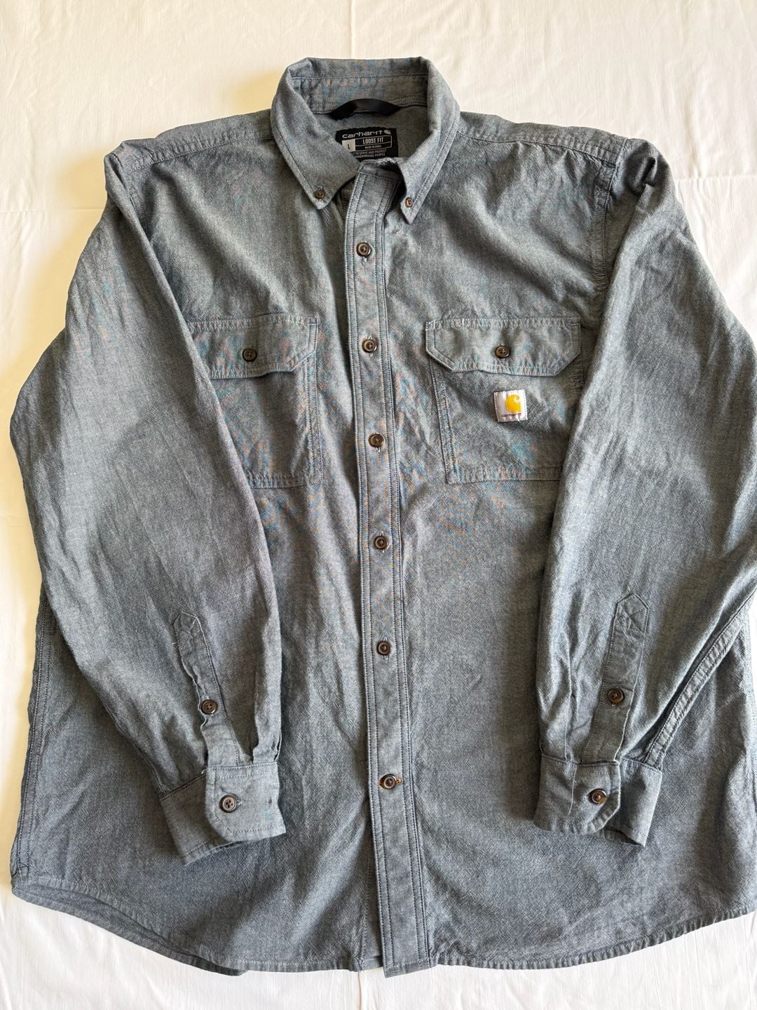 Carhartt Loose Fit Chambray Long Sleeve Shirt Size L Blue Workwear Button Down 2