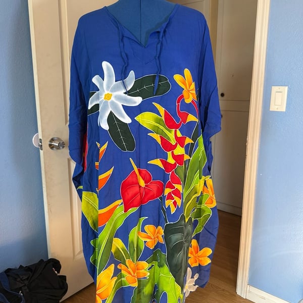 Primitive 2XL Blue Tropical Floral Flutter Sleeve Dress Cottagecore Hawaiian