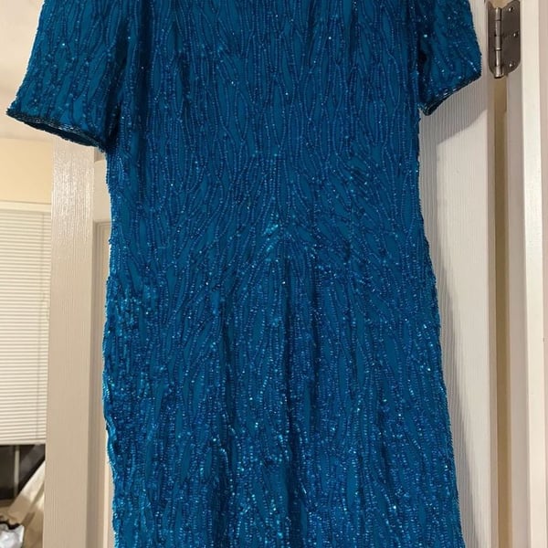 Vintage Sténay P8 Petite 100% Silk Teal Beaded Sequin Dress